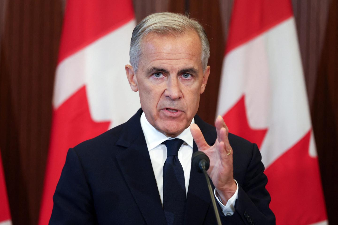 Canadian Prime Minister Mark Carney speaks at a press conference in Ottawa, Ontario, on August 22, 2026 after trade talks with the US collapsed. 