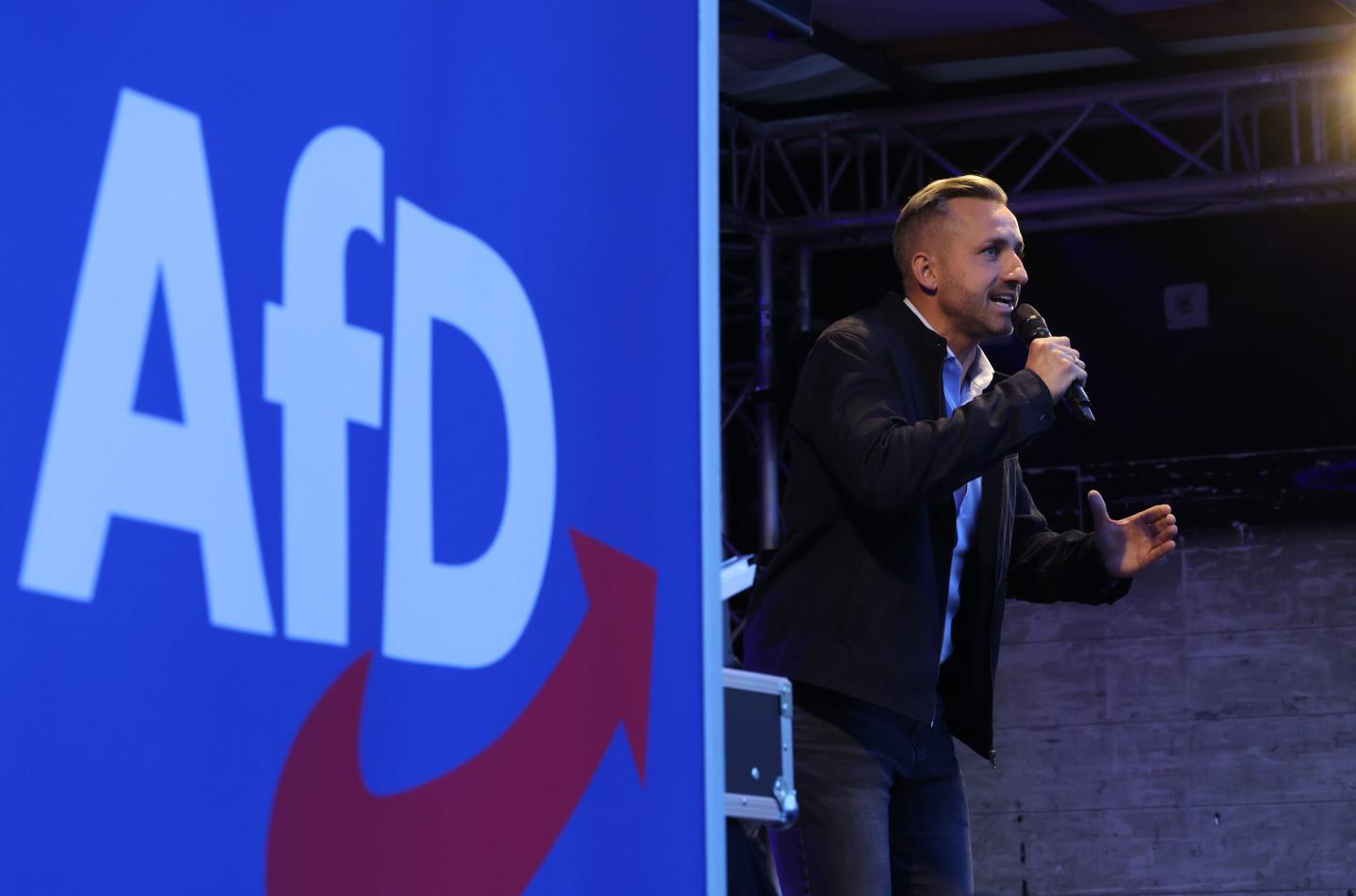 Ulrich Siegmund, lead candidate of the far-right Alternative for Germany (AfD), speaks to voters at an AfD campaign rally prior to state elections in Saxony-Anhalt on August 24, 2026 in Naumburg, Germany. 