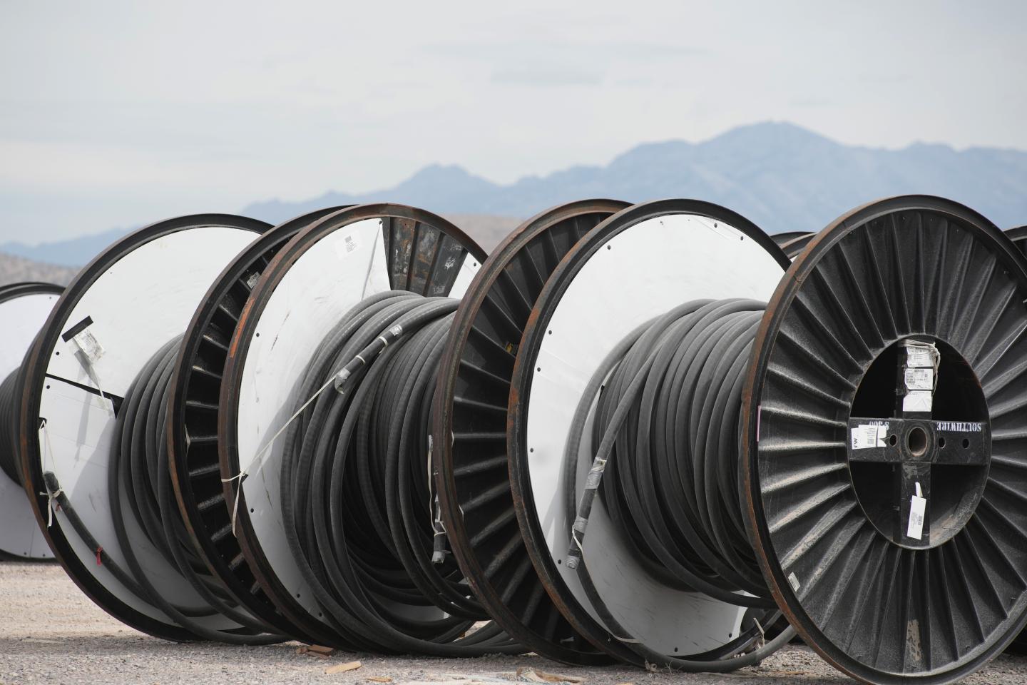 Large rolls of cable at an electrical substation that is under construction at the site of a new QTS Eagle Mountain data center in Eagle Mountain, Utah, on Aug. 28, 2026. (Photo: George Frey/Bloomberg/Getty Images)