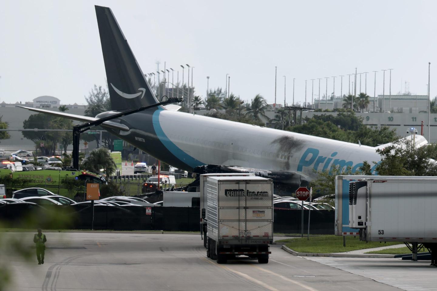 An Amazon cargo plane is seen after it crashed at Miami International Airport on September 6, 2026.