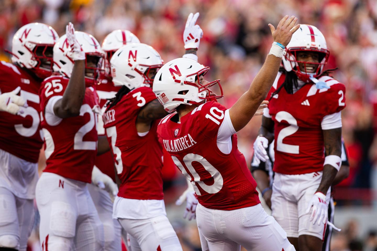 Nebraska Cornhuskers quarterback Anthony Colandrea (10) celebrates after throwing a touchdown pass during the first quarter of the game between Bowling Green and Nebraska.