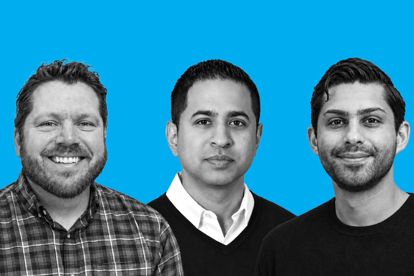 Headshots of Brian Wrightson (left), Cyril Mathew (middle), and Vivek Morzaria (right) against a light blue background.