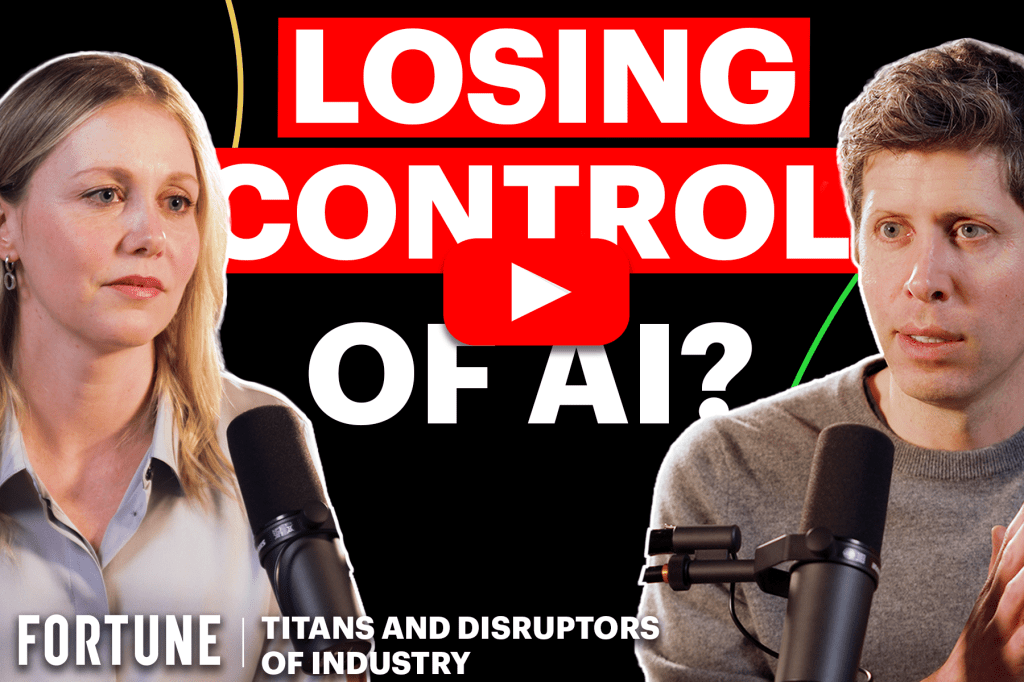 Thumbnail image for Fortune Titans and Disruptors of Industry podcast reads, "Losing Control of AI?" and depicts Fortune Editor-in-Chief Alyson Shontell and OpenAI CEO Sam Altman in conversation on a podcast.