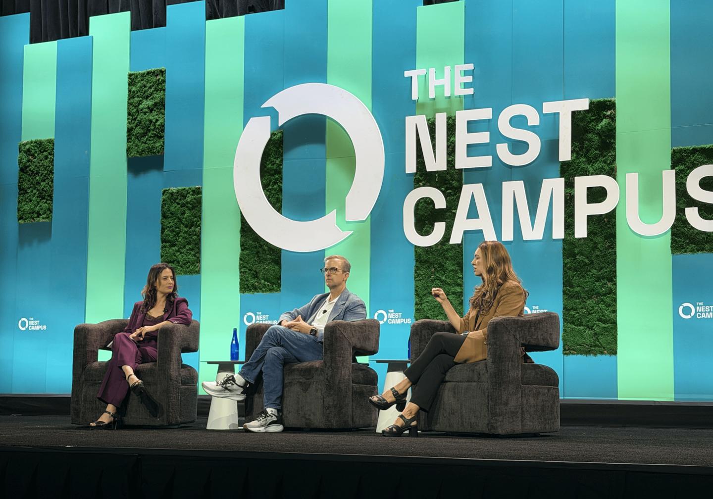 Allie Garfinkle, Mike Schroepfer, and Dawn Lippert onstage at The Nest Campus in September 2026. 