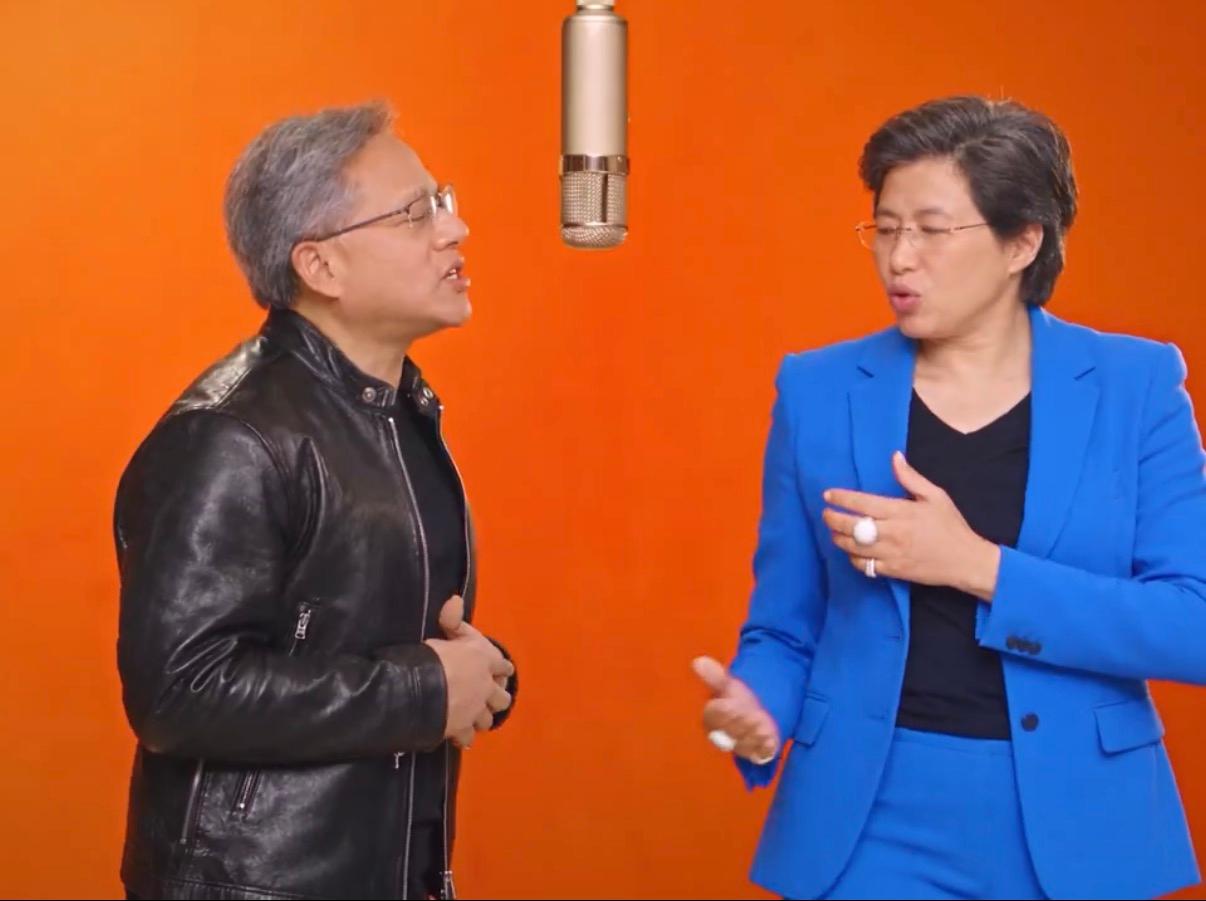Nvidia CEO Jensen Huang and AMD CEO Lisa Su rapping in an AI-generated video.