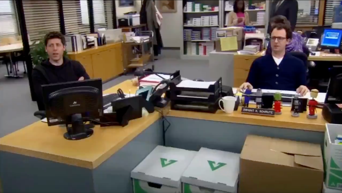 OpenAI CEO Sam Altman and Anthropic CEO Dario Amodei in an AI-generated spoof of "The Office."