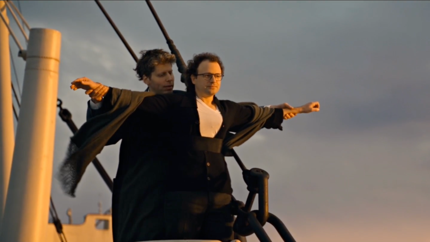OpenAI CEO Sam Altman and Anthropic CEO Dario Amodei in an AI-generated scene from the film "Titanic."