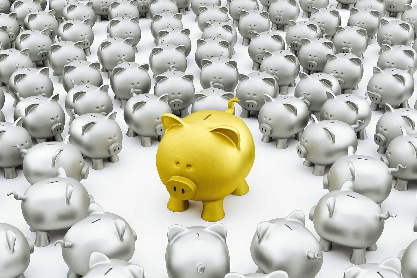 A gold piggy bank surrounded by smaller silver ones.