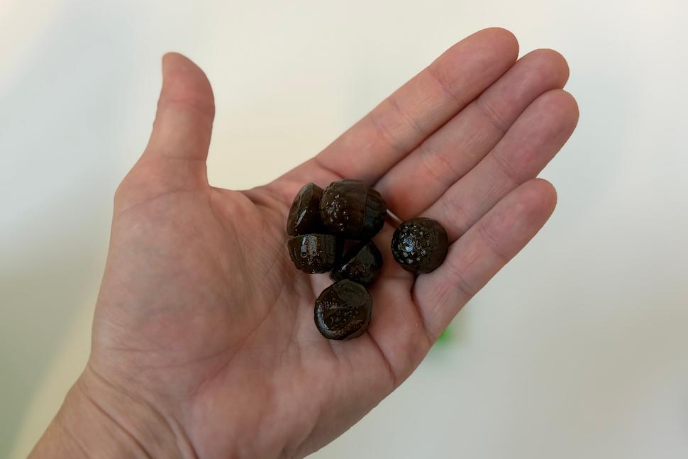 Closeup of an open palm holding several dark-purple AG1 Essentials Gummies