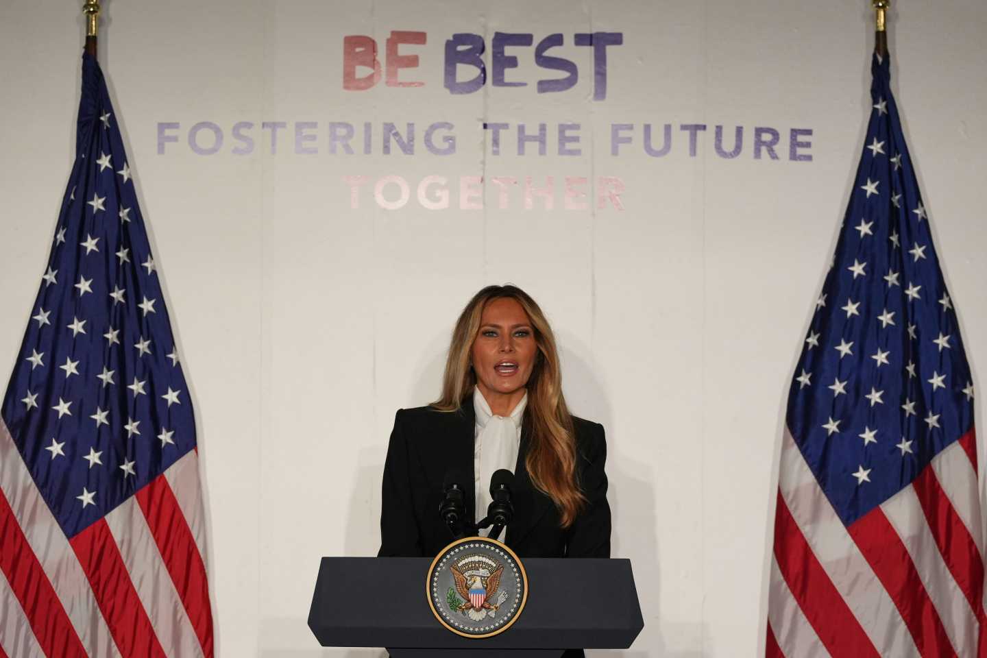 United States first lady Melania Trump speaks at her Fostering the Future Together event during the 81st session of the United Nations General Assembly, Tuesday, Sept. 22, 2026, in New York.