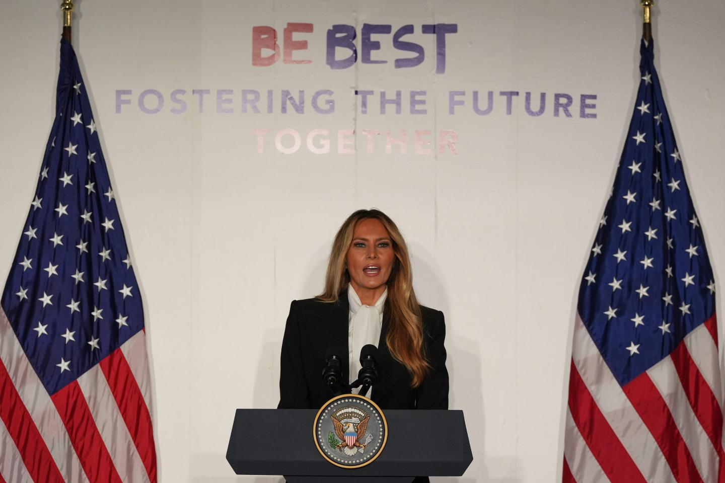 United States first lady Melania Trump speaks at her Fostering the Future Together event during the 81st session of the United Nations General Assembly, Tuesday, Sept. 22, 2026, in New York.