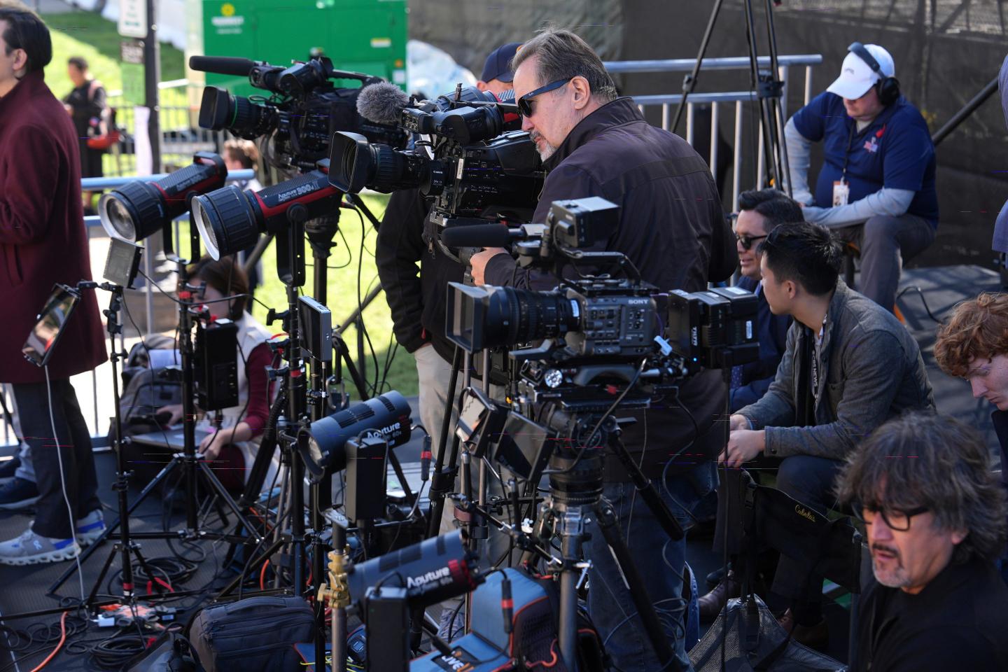 Television networks set up before President Donald Trump, first lady Melania Trump, China's President Xi Jinping and his wife Peng Liyuan arrive at the National Archives Museum, Friday, Sept. 25, 2026, in Washington.