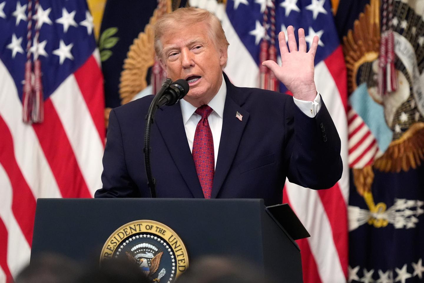 President Donald Trump speaks during an East Room event at the White House celebrating Hispanic Heritage Month.