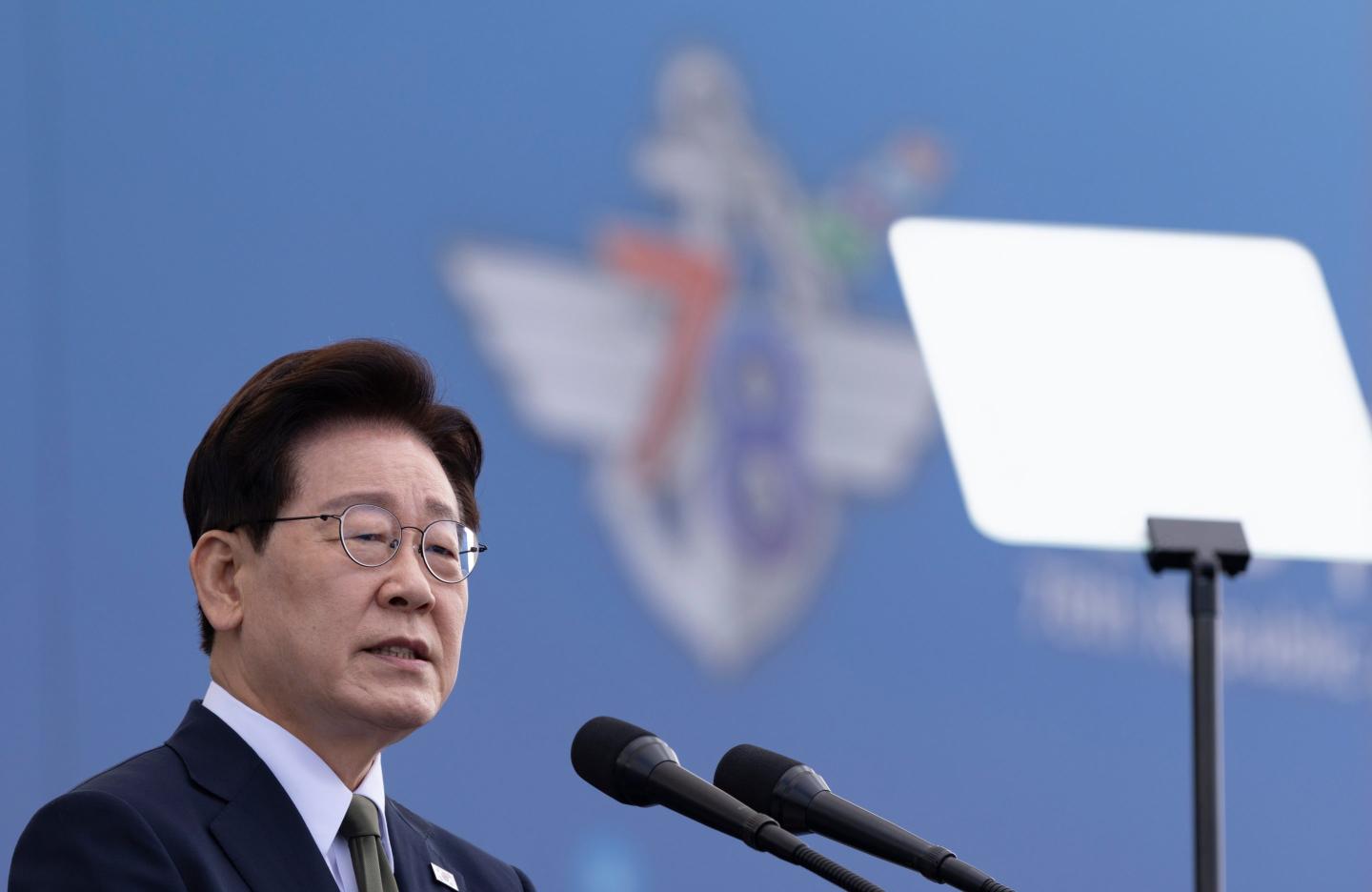 South Korean President Lee Jae Myung delivers a speech during the Armed Forces Day at a military base in Gyeyong, South Korea.