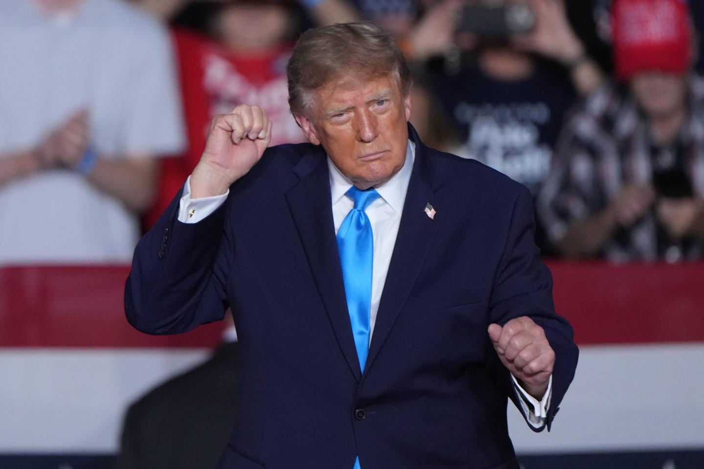 President Donald Trump dances at a campaign rally at the Pinnacle Bank Expo Center, Monday, Oct. 5, 2026, in Grand Island, Neb.
