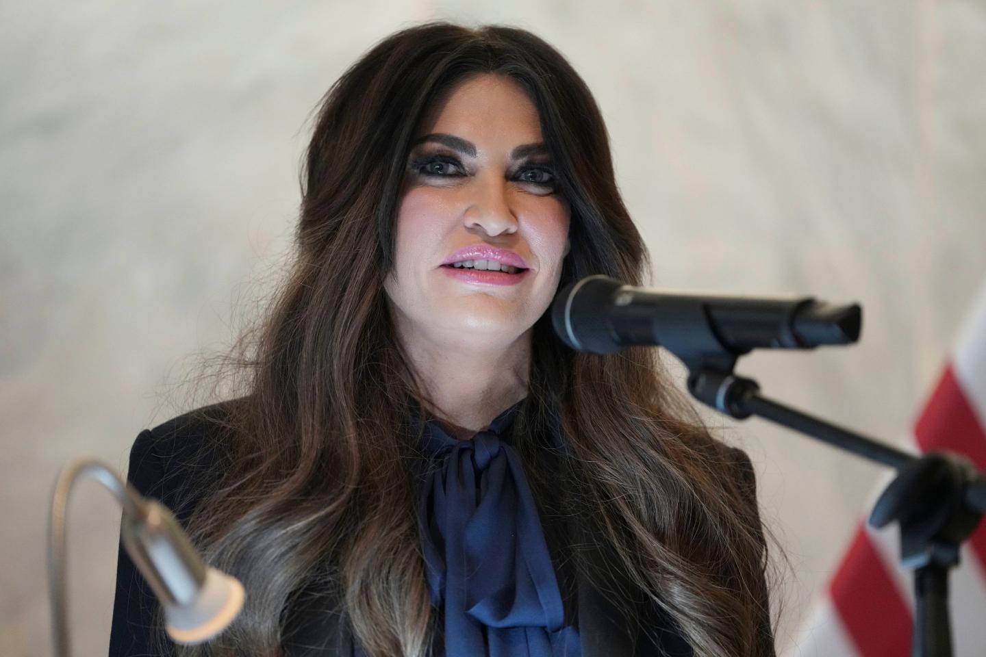 U.S. Ambassador to Greece Kimberly Guilfoyle speak during a dedication ceremony at the chancery of the U.S. Embassy, Wednesday, Oct. 7, 2026, in Athens.