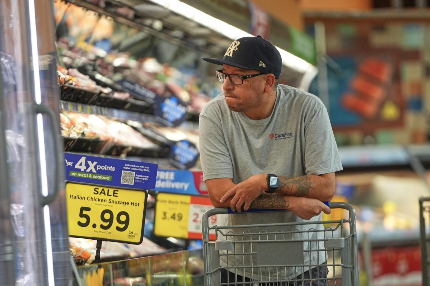 A shopper looks the meat section of a grocery story in Fort Worth, Texas, Wednesday, Oct. 7, 2026. 