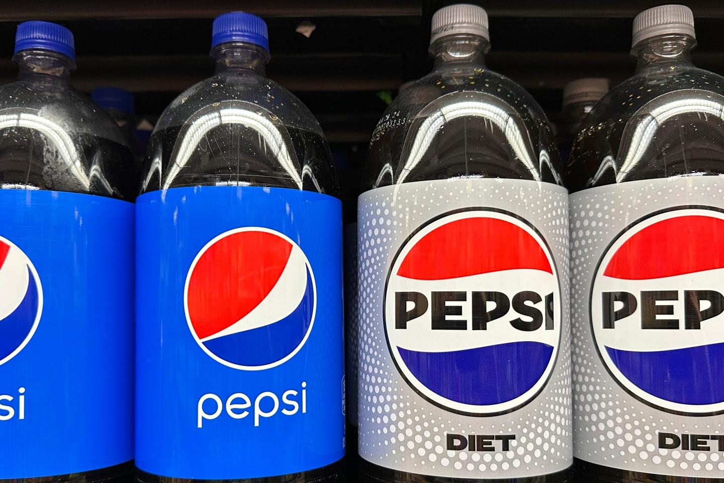 Plastic bottles of Pepsi are displayed at a grocery store in New York.