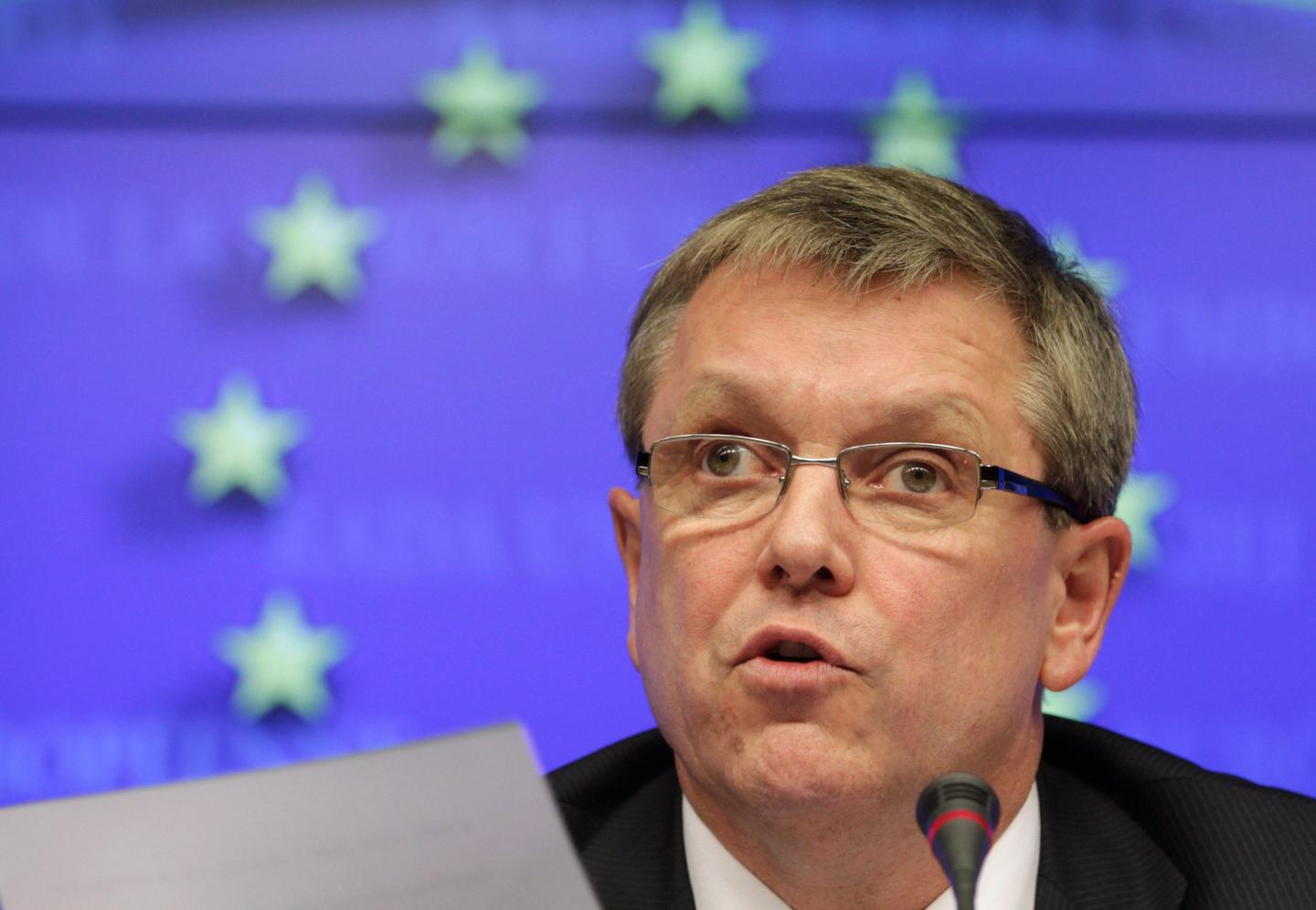 The then Hungarian Finance Minister and President of the EU rotating Council Gyorgy Matolcsy, addresses the media during an EU finance ministers meeting at the European Council building in Brussels.
