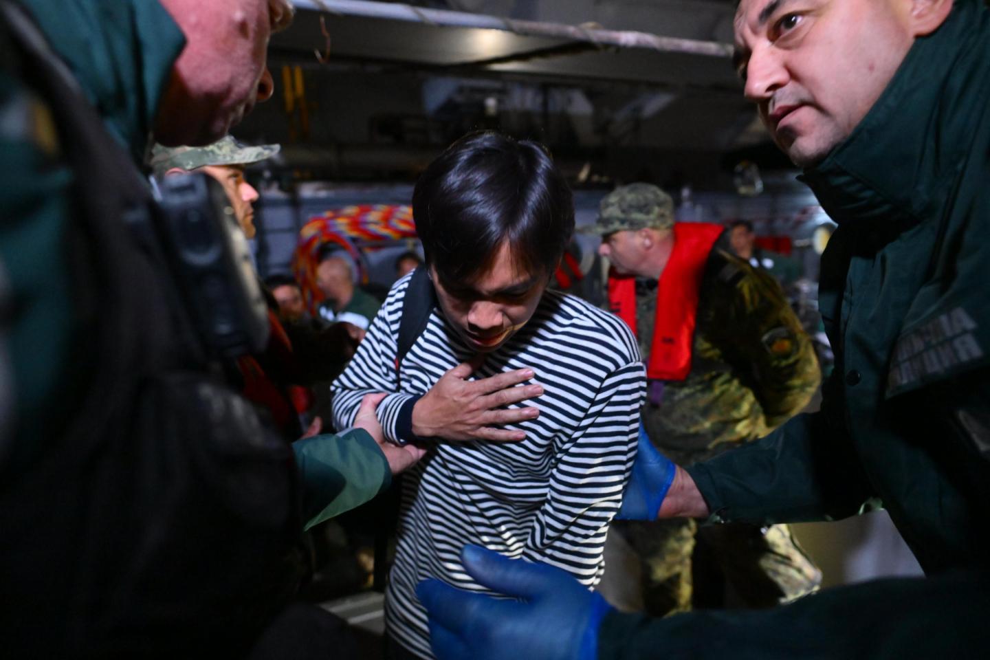 A crew member of the Liberian-flagged container ship Contship Jet is evacuated to the port of Varna, Bulgaria
