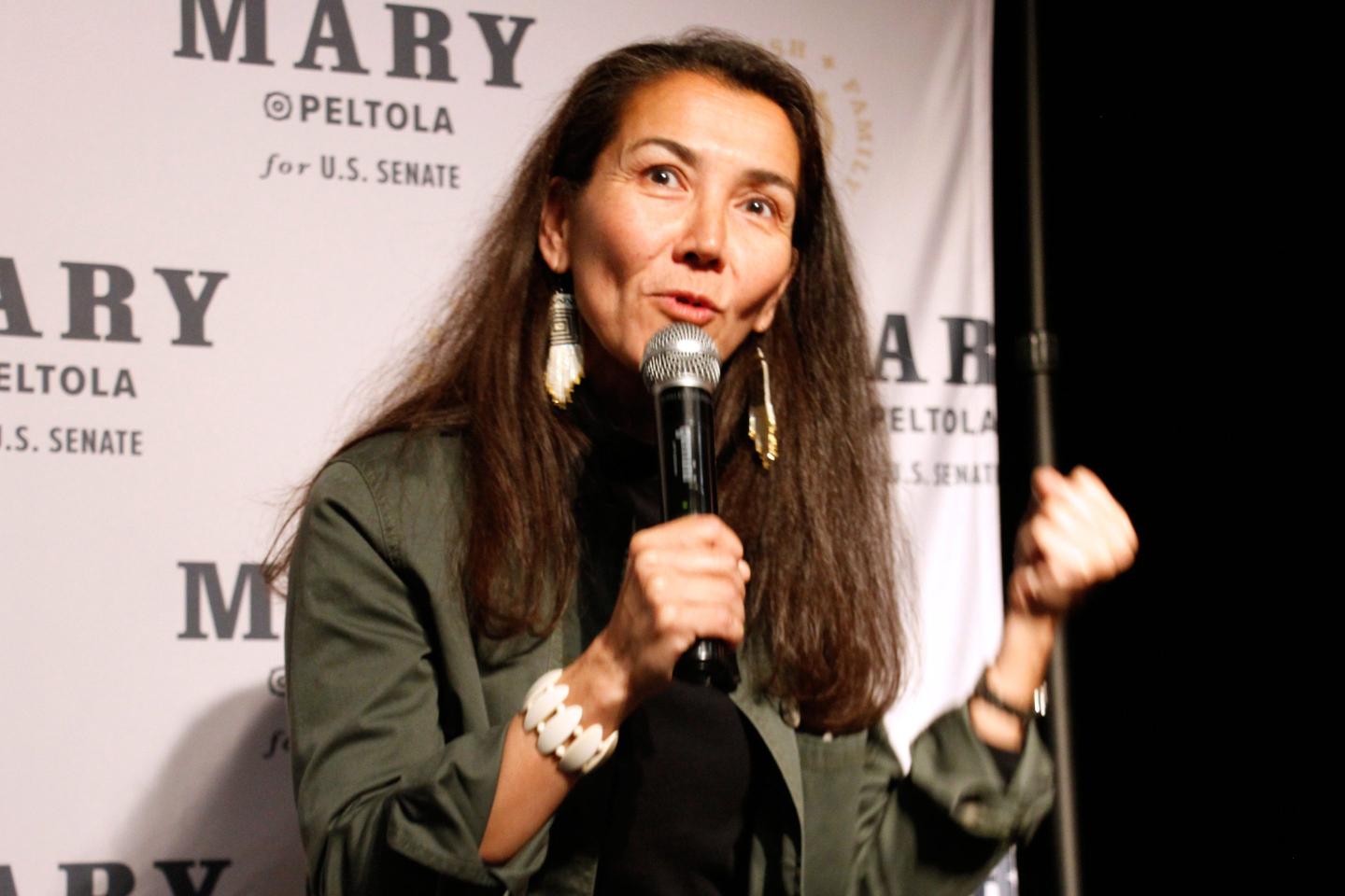 Mary Peltola, a Democrat running for the U.S. Senate seat in Alaska, addresses supporters at an election watch party.