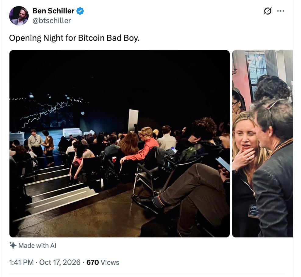Ben Schiller X post reads "Opening Night for Bitcoin Bad Boy." Contains photos of people attending.
