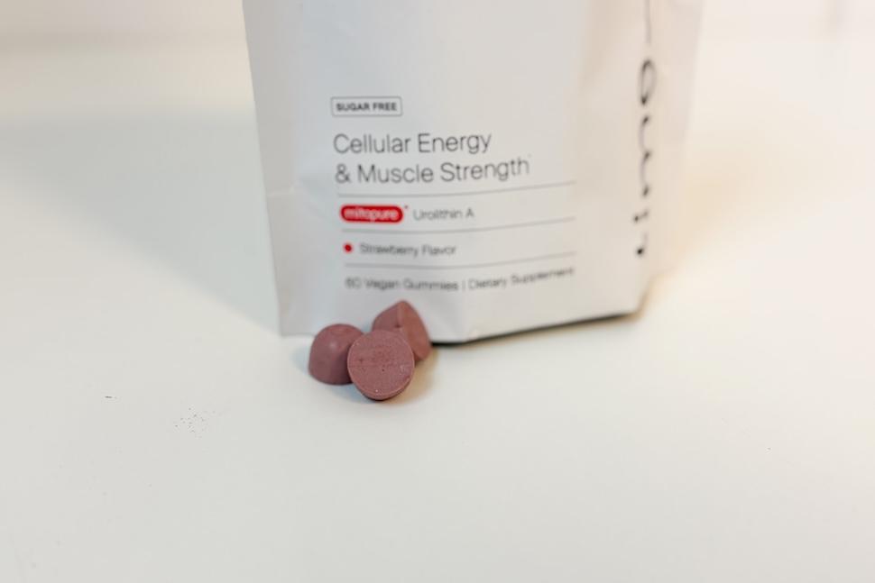 A bag of Timeline Mitopure Gummies sitting on a white countertop