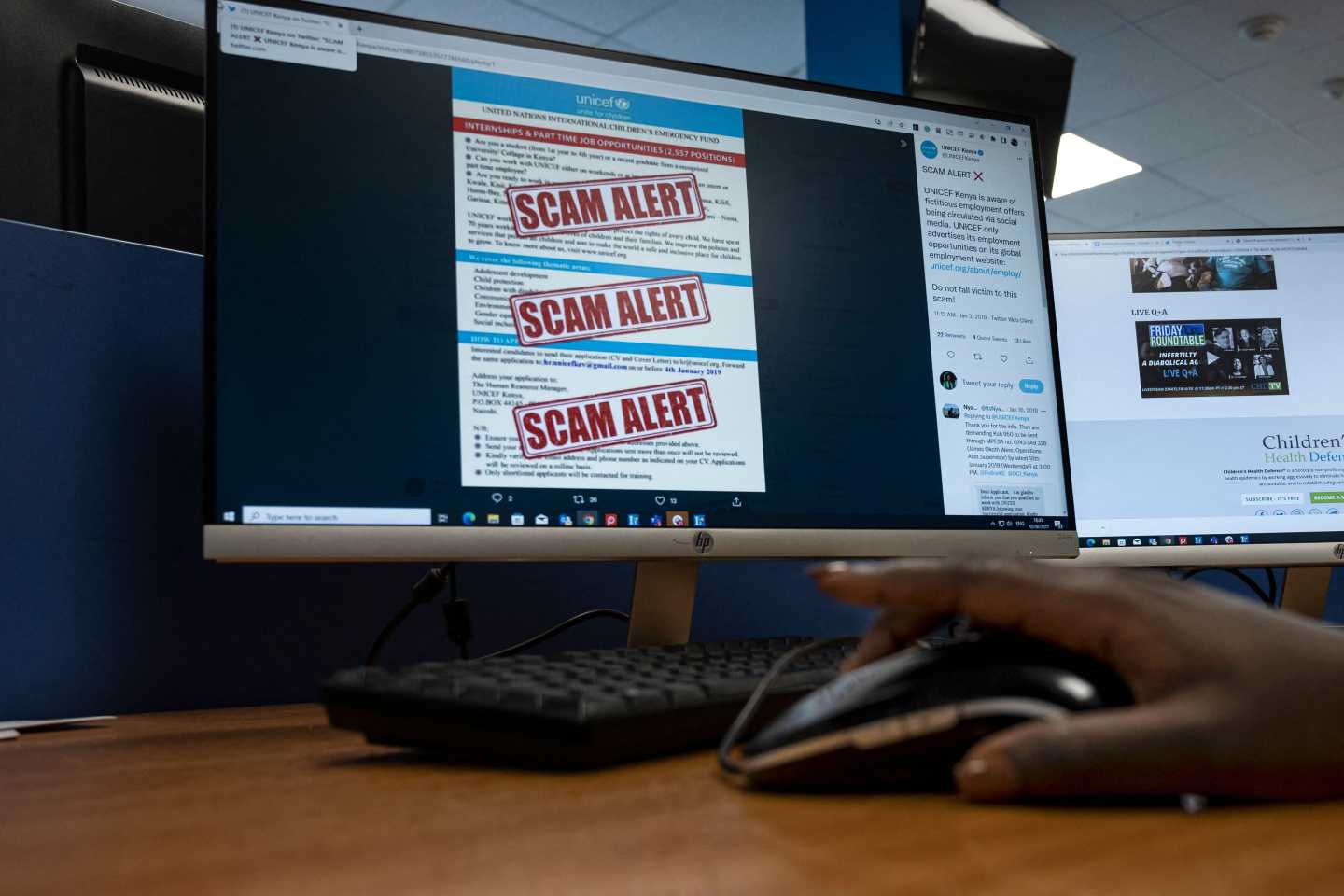 A researcher browses an internet site with a job offer for a United Nations agency that has been flagged as a scam in Nairobi on June 30, 2022. A report by Code for Africa revealed that in 2020 when job losses soared during the Covid-19 pandemic 33 scam recruitment Facebook accounts, groups and pages with more than 184,000 followers targeted people in Kenya, requiring them to send about 350 Kenyan shillings ($3) before placements that never materialised. Syndicates behind these scams rely on the desperation of job seekers who fail to double-check the authenticity of job postings and send money without hesitation to secure employment, said Kenyan cyber security expert Anthony Muiyuro.