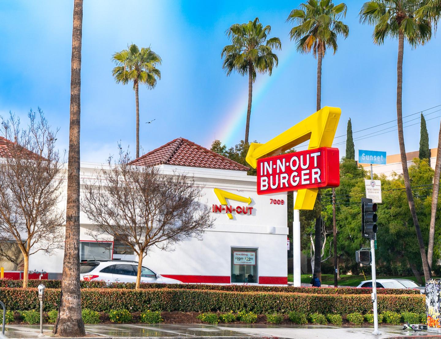 General views of In-N-Out Burger on Sunset Blvd after a rainstorm on February 23, 2023 in Hollywood, California.