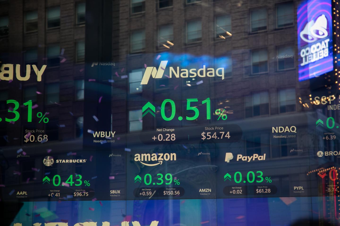 Stock market information at the Nasdaq MarketSite in New York on Dec. 18, 2023. (Photo: Michael Nagle/Bloomberg/Getty Images)