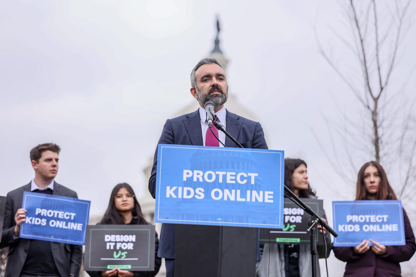 Attorney General of New Mexico Raúl Torrez speaks during a rally organized by Accountable Tech and Design It For Us to hold tech and social media companies accountable for taking steps to protect kids and teens online on January 31, 2024 in Washington, DC.