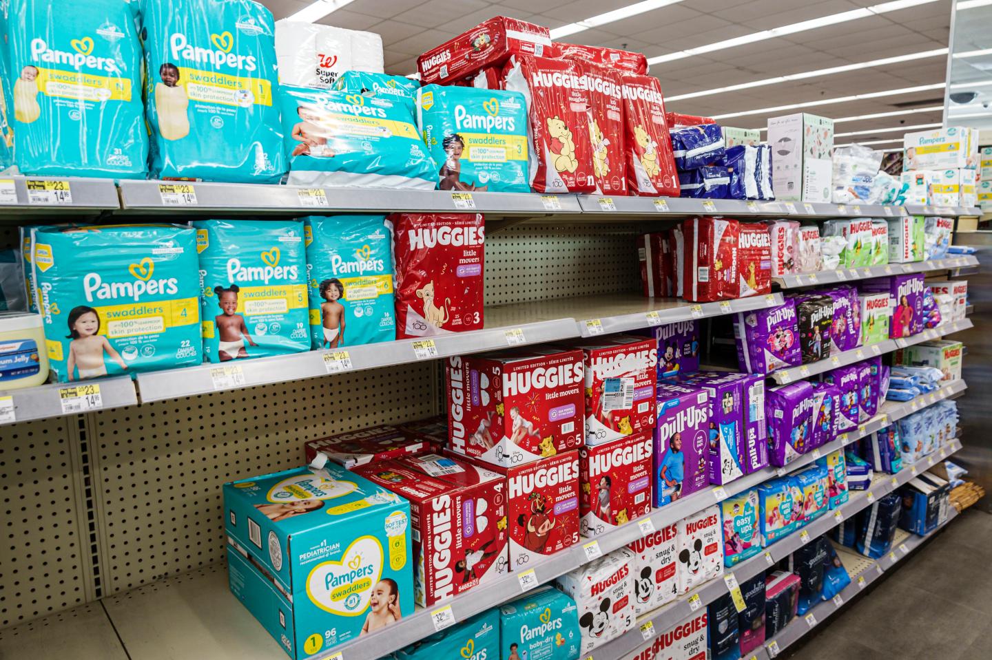 Miami Beach, Florida, Walgreens Pharmacy, disposable diapers, Huggies, Pampers, and Pull-Ups on shelves. (Photo by: Jeffrey Greenberg/Universal Images Group via Getty Images)