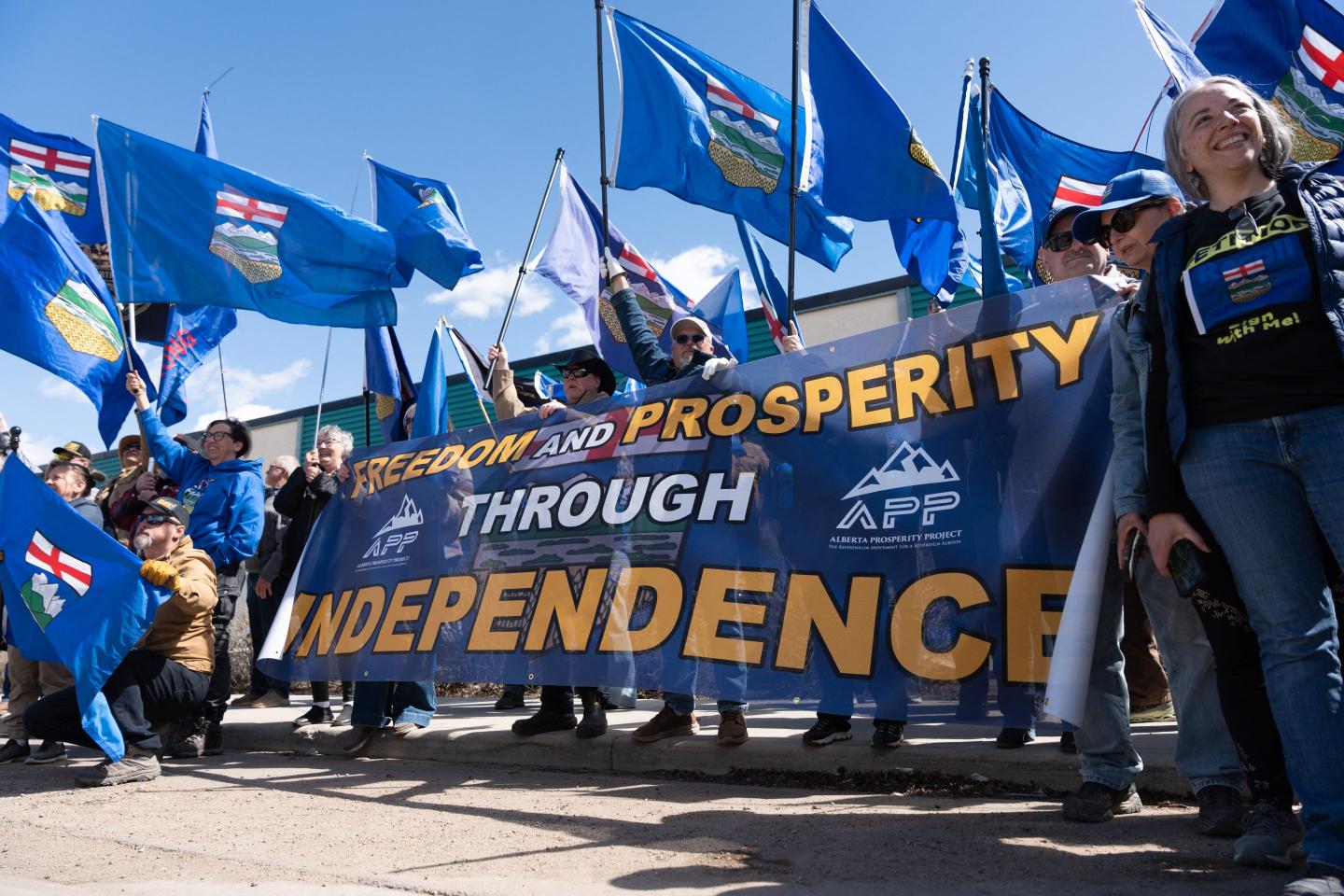 Separatist supporters gather during a rally in front of the Elections Alberta headquarters in Edmonton, Canada, on May 4, 2026.