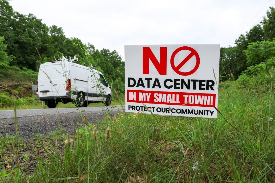 A "No data center in my backyard" sign stood in a patch of grass with a white van in the background.