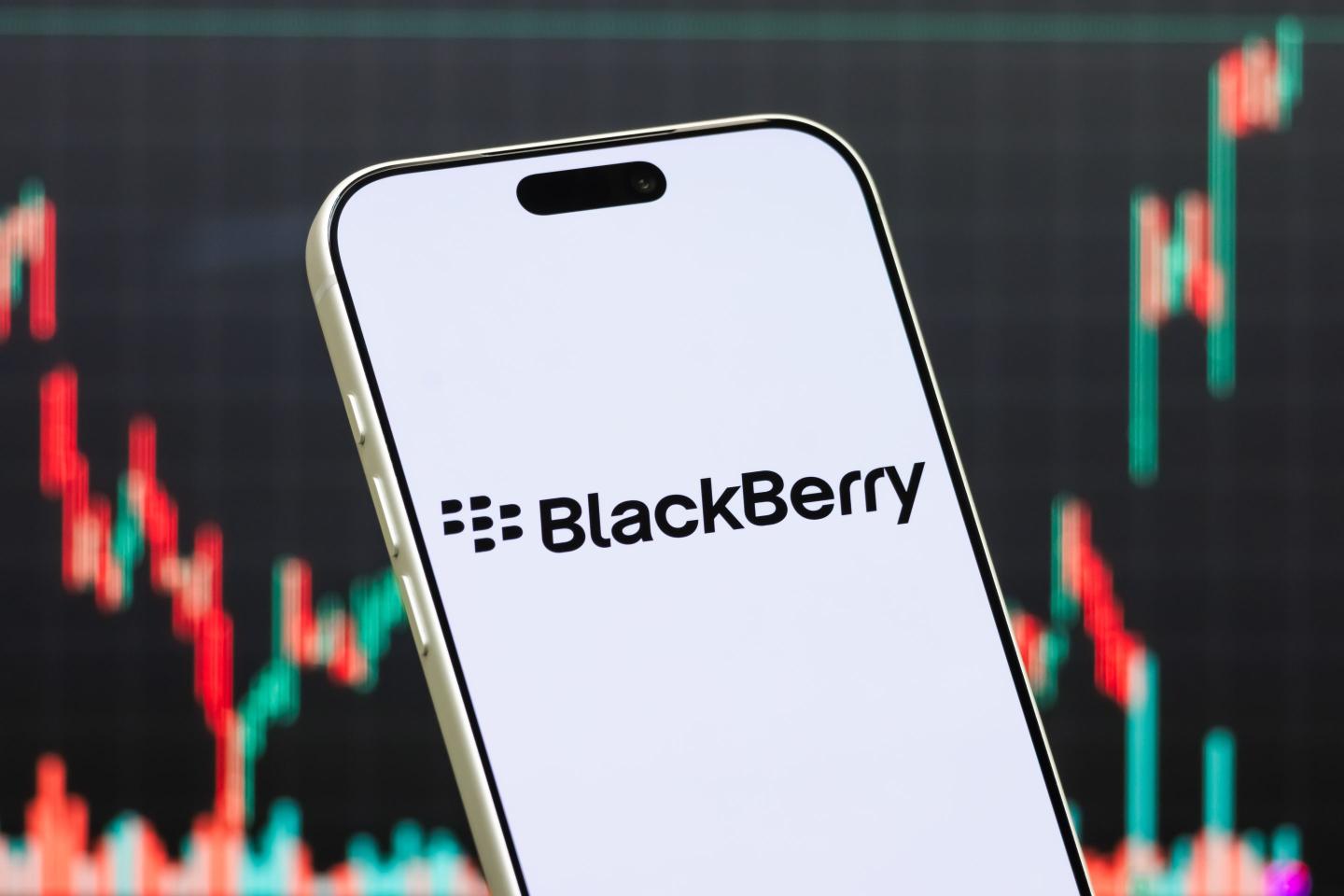A smartphone displays the logo of BlackBerry Limited (NYSE: BB).