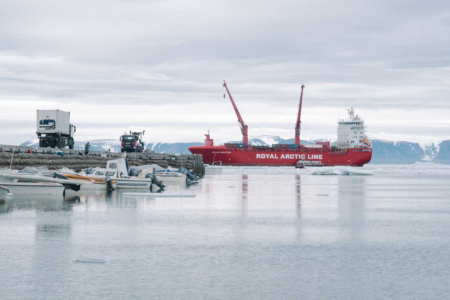 A supply ship, operated by Royal Arctic Line A/S, the first to arrive after the break-up of sea ice in the town of Qaanaaq, northwestern Greenland.