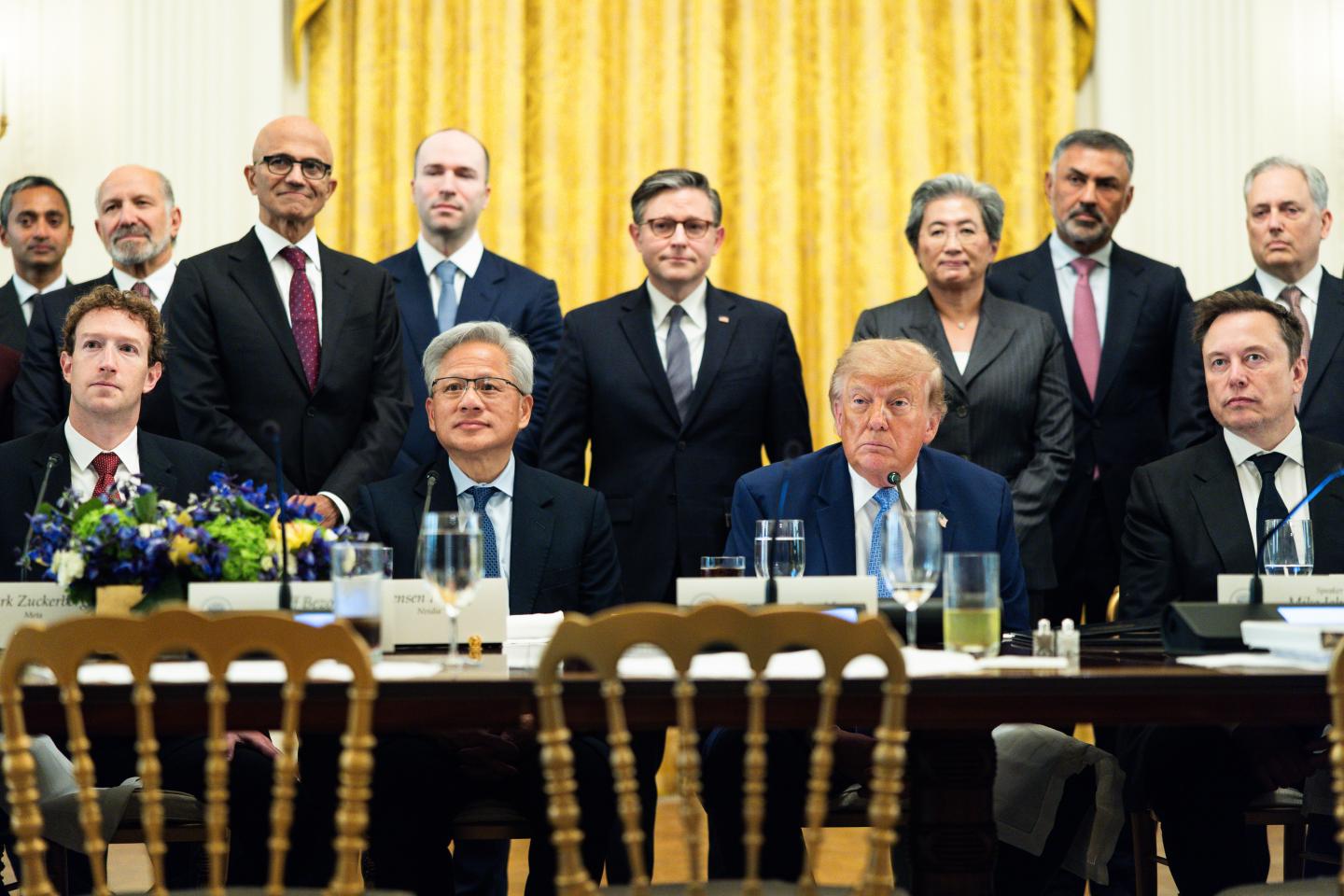 From left: Social Capital founder Chamath Palihapitiya, Meta CEO Mark Zuckerberg, U.S. Commerce Secretary Howard Lutnick, Microsoft CEO Satya Nadella, OpenAI president Greg Brockman, Nvidia CEO Jensen Huang, U.S. House Speaker Mike Johnson, U.S. President Donald Trump, AMD CEO Lisa Su, Palo Alto Networks CEO Nikesh Arora, Tesla CEO Elon Musk in Washington, D.C., on Sept. 29, 2026. (Photo: Tierney L. Cross/The Washington Post/Bloomberg/Getty Images)