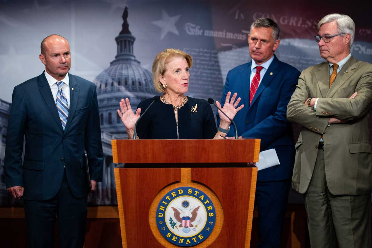 From left, Sen. Mike Lee, R-Utah., Sen. Shelley Moore Capito, R-W.Va., Sen. Martin Heinrich, D-N.M., and Sen. Sheldon Whitehouse, D-R.I., hold a news conference on the Bipartisan American Affordability and Jobs Act in the U.S. Capitol on Sept. 30, 2026.