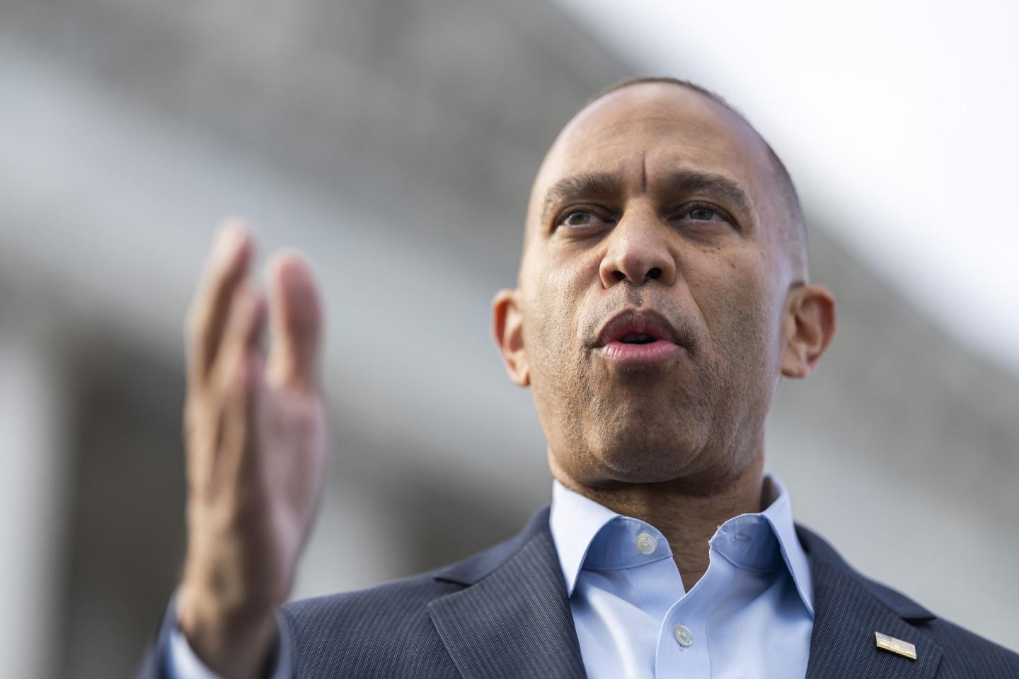 U.S. House Minority Leader Hakeem Jeffries (D-NY) speaks to the press on the steps of the U.S. Capitol.