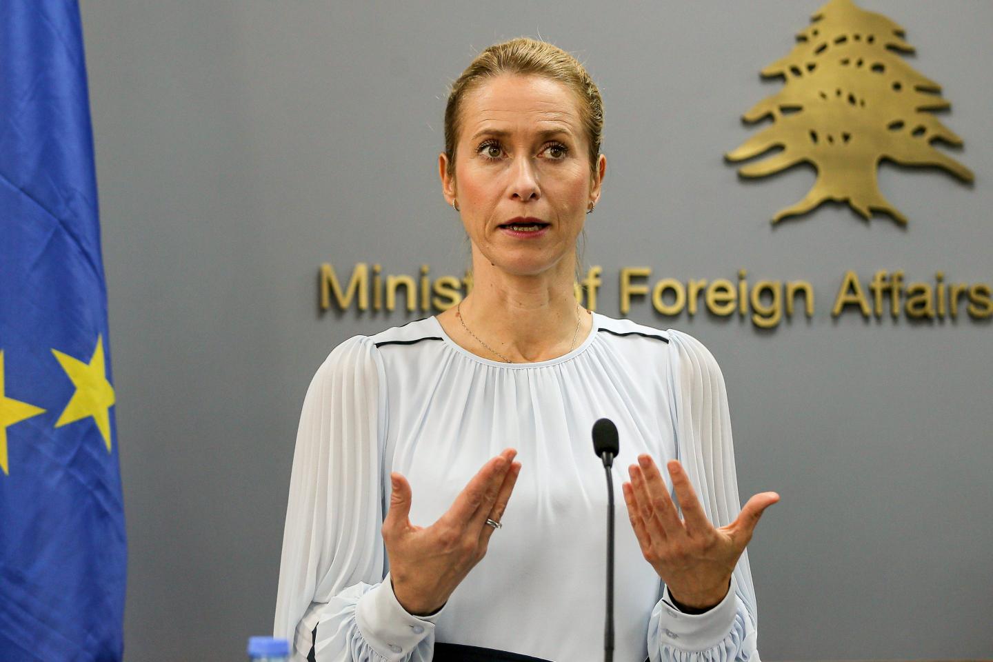 European Union Foreign Policy chief Kaja Kallas speaks during a joint press conference with Lebanese Foreign Minister Youssef Rajji following their meeting in Beirut.