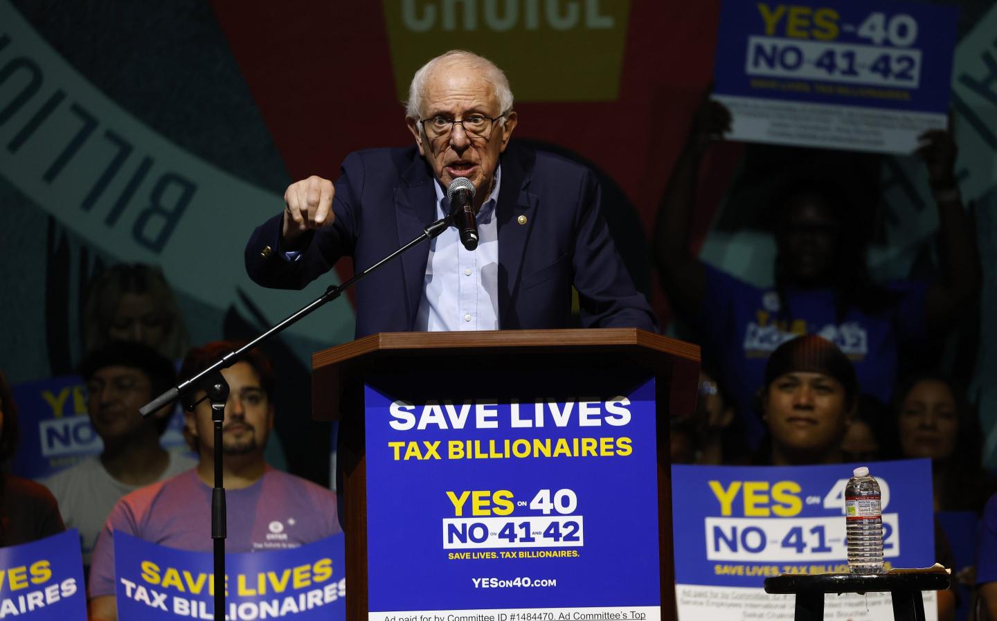 Sen. Bernie Sanders (I-VT) speaks during at a rally dubbed "Ballots Over Billionaires" at The Novo on October 05, 2026 in Los Angeles.