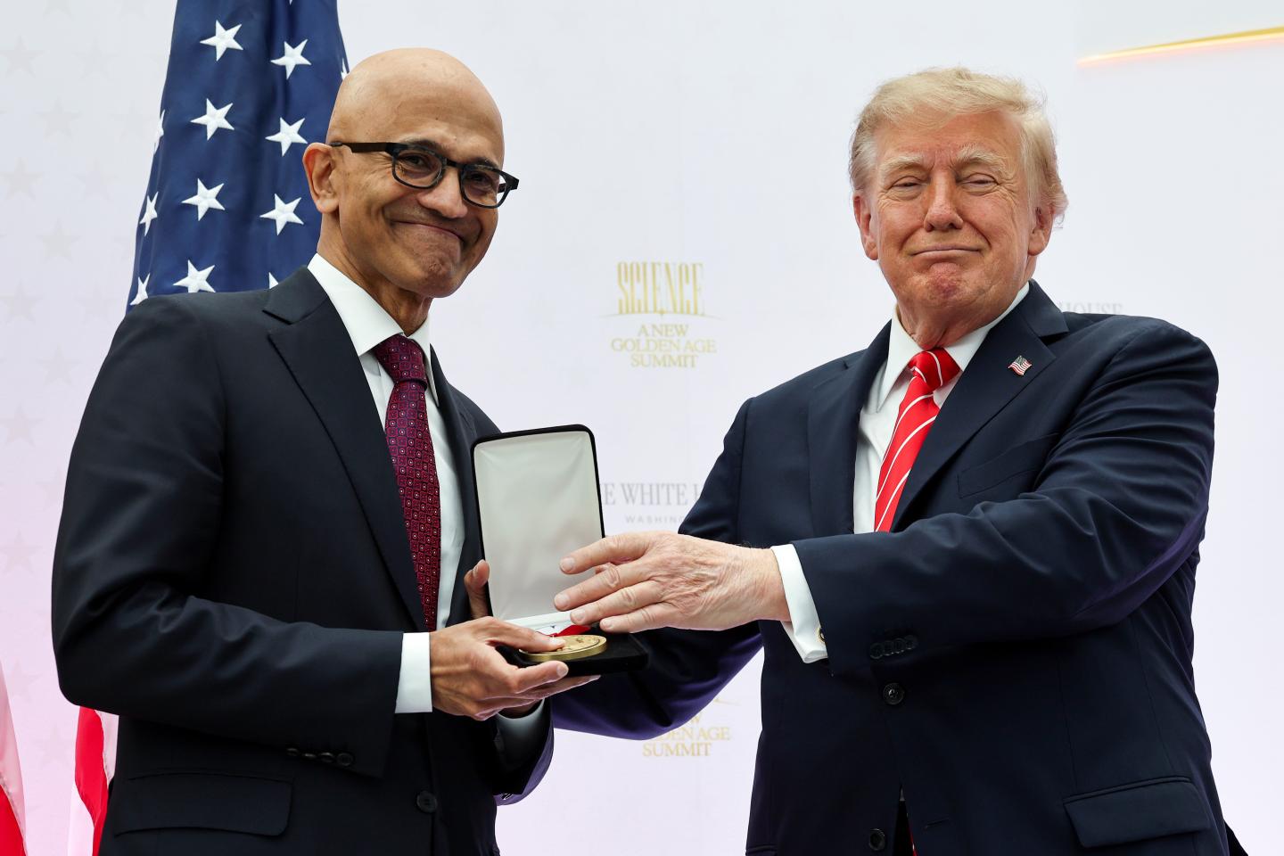 Microsoft CEO Satya Nadella, left, receives the National Medal of Technology and Innovation from U.S. President Donald Trump on October 08, 2026 in Washington, D.C. (Photo: Win McNamee/Getty Images)