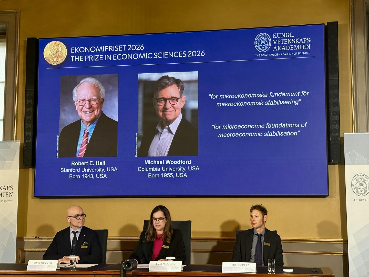 STOCKHOLM, SWEDEN - OCTOBER 12: Officials announce the winners of the 2026 Nobel Prize in Economic Sciences during a press conference at the Royal Swedish Academy of Sciences in Stockholm, Sweden, on October 12, 2026. US economists Robert E. Hall and Michael Woodford are awarded the prize for their work on the 'microeconomic foundations of macroeconomic stabilisation'.