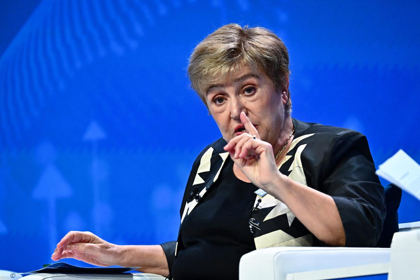 IMF Managing Director Kristalina Georgieva speaks during the Building Resilience in a Fragmented World panel at the Annual Meetings of the International Monetary Fund (IMF) and the World Bank Group (WBG) at the Queen Sirikit National Convention Center (QSNCC) in Bangkok.
