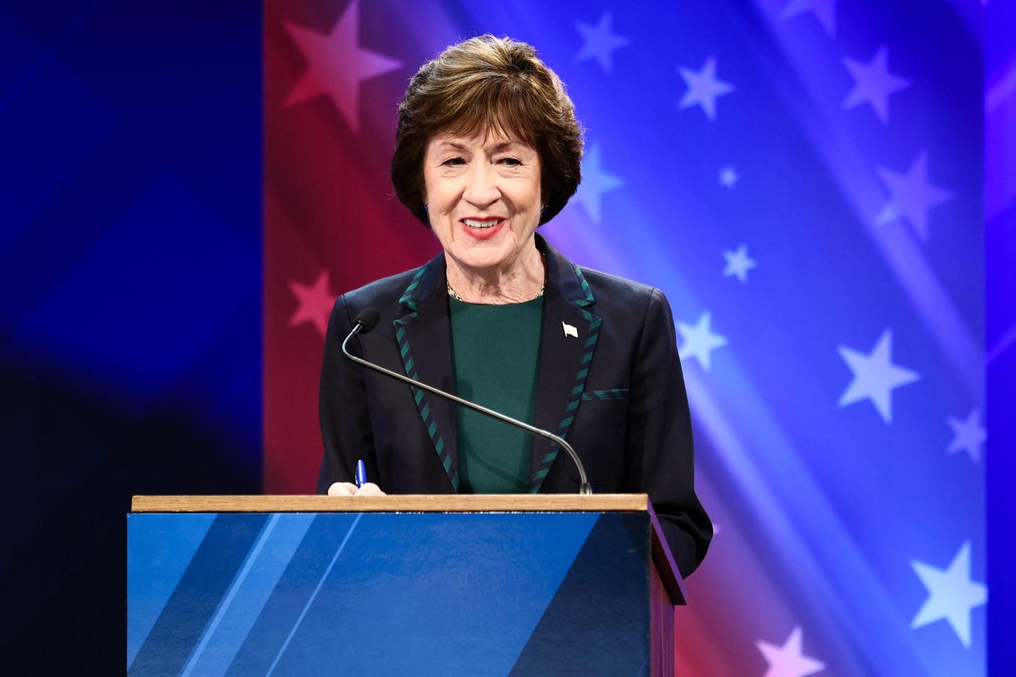 US Senator Susan Collins (R-ME) is seen before her debate with Democratic candidate for US Senate Troy Jackson at the Gracie Theatre in Bangor, Maine.