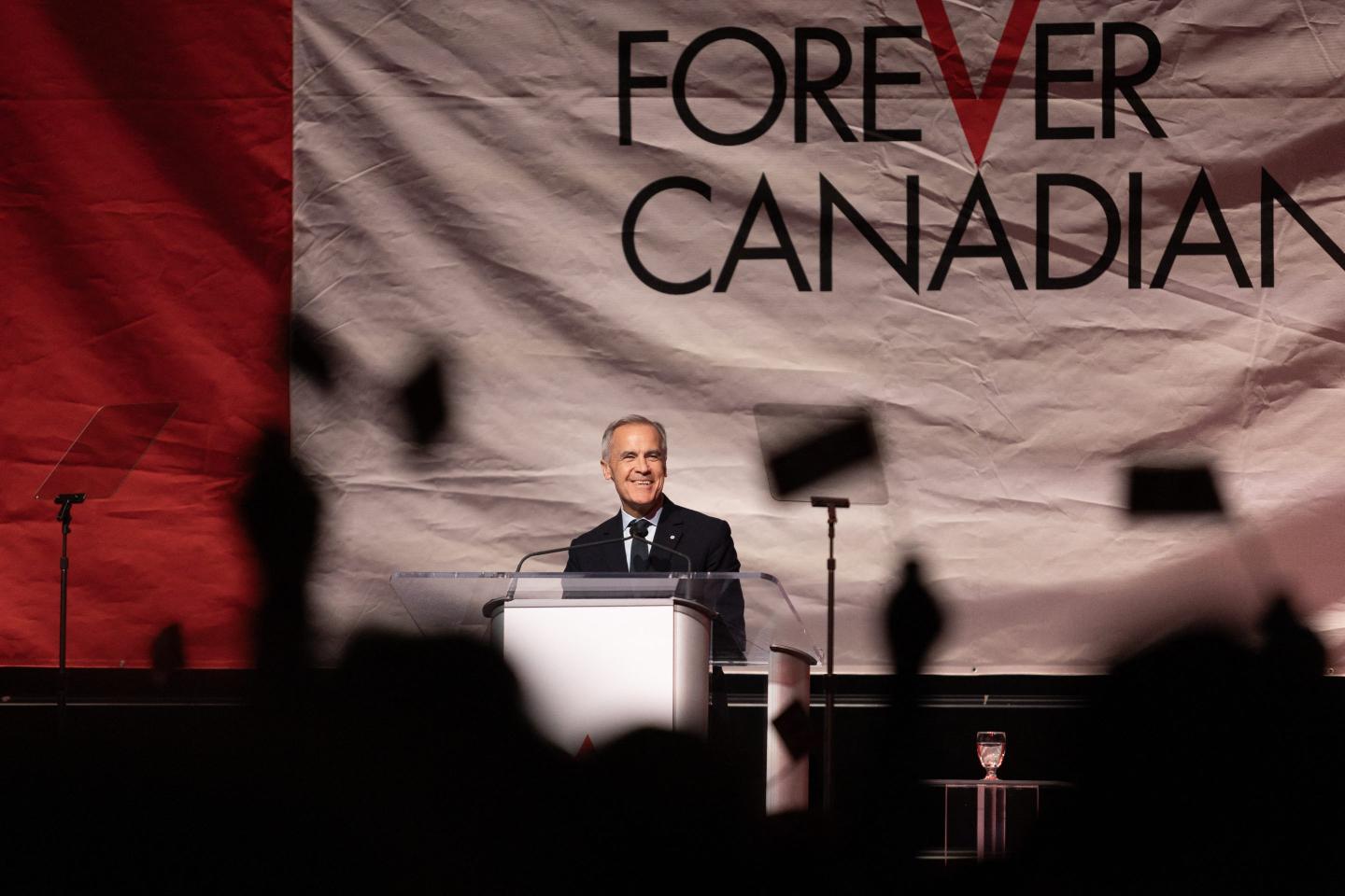 Canadian Prime Minister Mark Carney speaks at a rally hosted by Forever Canadian on Canadian Unity at the Edmonton Expo Center in Edmonton, Alberta, Canada on October 16, 2026. 