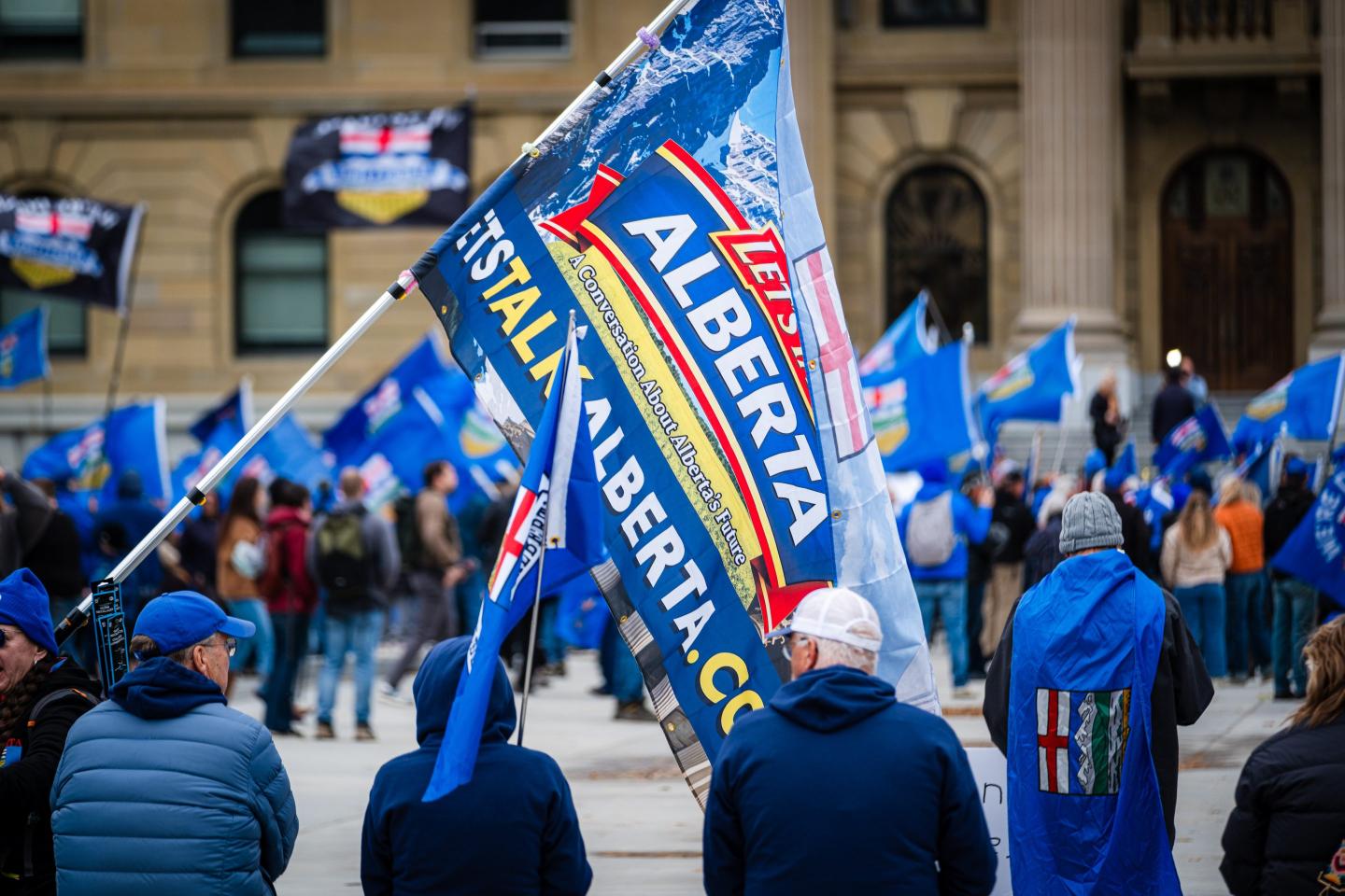 Pro-separatist supporters during an Alberta Independence rally in Edmonton, Alberta, Canada, on Saturday, Oct. 17, 2026.