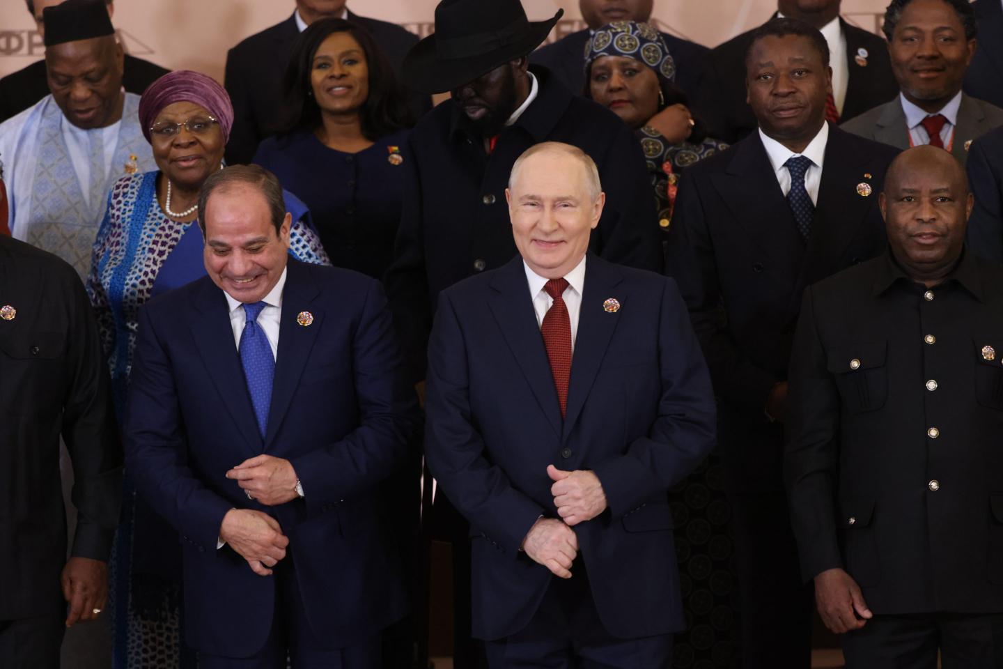 Russian President Vladimir Putin (C), Egyptian President Abdel Fattah el-Sisi (C,L) and other leaders pose for a joint photo during the Russia-Africa Summit, on October 29, 2026 in Moscow, Russia.