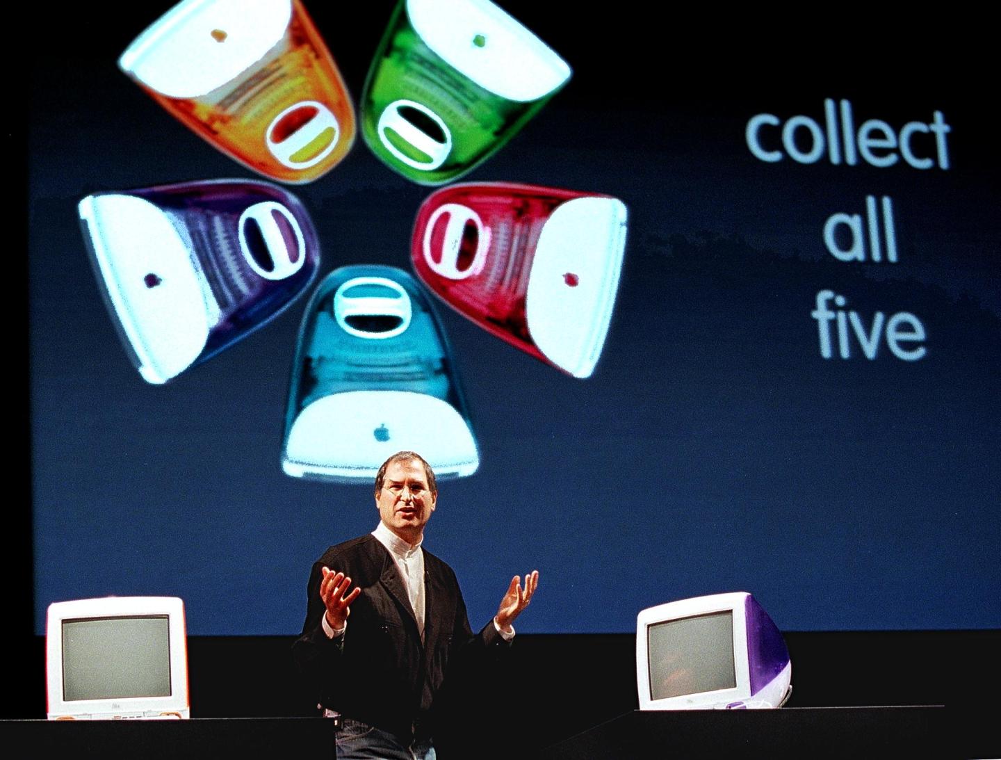 Steve Jobs introduces new five iMac colors during a keynote address.