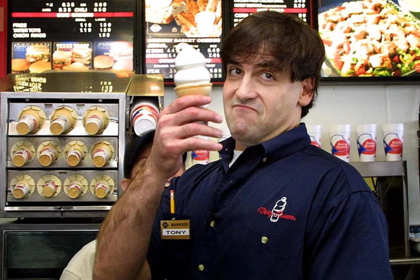 Mark Cuban in 2001 holding up a Dairy Queen ice cream cone